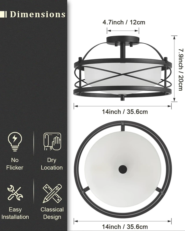 Alt view image 4 of 7 - Entryway Drum Light Fixtures, Semi-Flush Mount Rustic Ceiling Light for Hallway Living Room Bedroom Kitchen (Black)