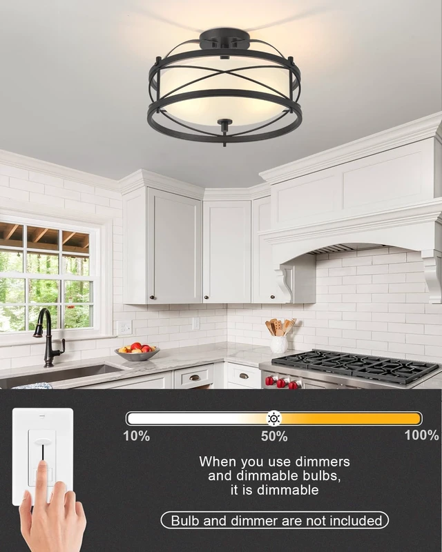 Alt view image 5 of 7 - Entryway Drum Light Fixtures, Semi-Flush Mount Rustic Ceiling Light for Hallway Living Room Bedroom Kitchen (Black)