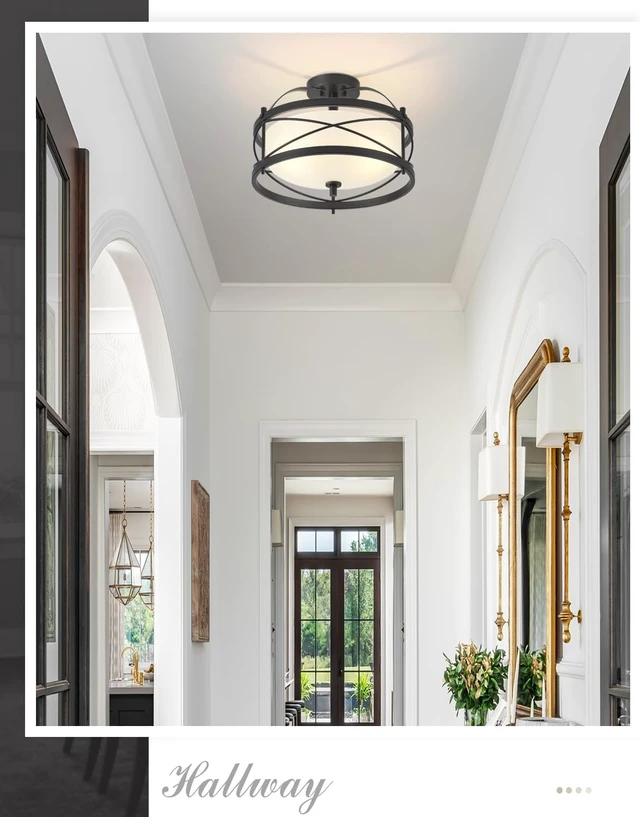 Alt view image 7 of 7 - Entryway Drum Light Fixtures, Semi-Flush Mount Rustic Ceiling Light for Hallway Living Room Bedroom Kitchen (Black)