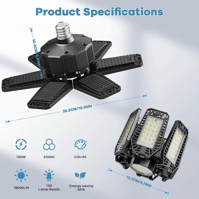 Alt view image 4 of 7 - 4 Pack Garage Light - 180W 18000 LM 6500K Deformable Garage Lights Ceiling LED with 6+1 Adjustable Panels, Shop Lights E26/E27 Screw Socket for workshops, Parking, Basement, Storage Room