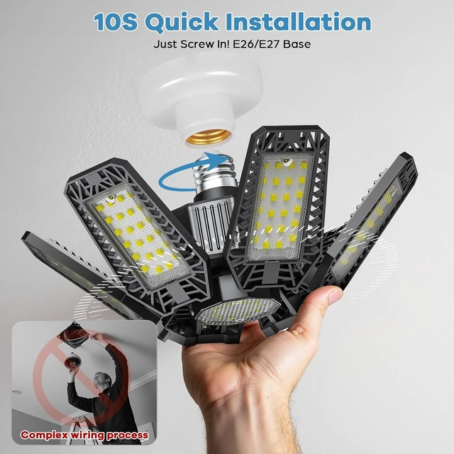 Alt view image 6 of 7 - 4 Pack Garage Light - 180W 18000 LM 6500K Deformable Garage Lights Ceiling LED with 6+1 Adjustable Panels, Shop Lights E26/E27 Screw Socket for workshops, Parking, Basement, Storage Room