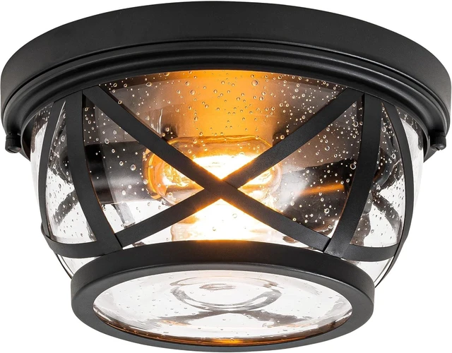 Main image of Flush Mount Ceiling Light Fixture Black, 2-Light Modern Farmhouse Porch Light Ceiling Mount for Outdoor, Indoor Flush Mount Lights Fixture for Hallway Foyer Kitchen Bathroom with Seeded Glass
