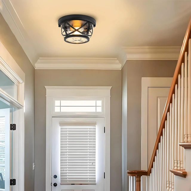 Alt view image 3 of 7 - Flush Mount Ceiling Light Fixture Black, 2-Light Modern Farmhouse Porch Light Ceiling Mount for Outdoor, Indoor Flush Mount Lights Fixture for Hallway Foyer Kitchen Bathroom with Seeded Glass