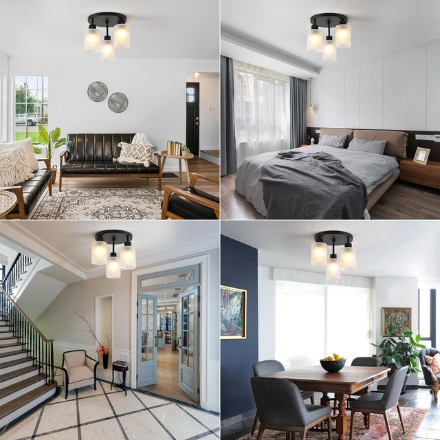 Alt view image 4 of 7 - 3-Light Industrial Farmhouse Black Matte Light Fixtures Ceiling Mount, with Frosted Glass Shades Semi Flush Mount Ceiling Light, for Hallway Fixtures Kitchen, Foyer