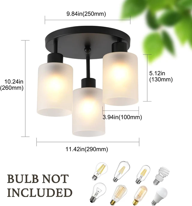 Alt view image 5 of 7 - 3-Light Industrial Farmhouse Black Matte Light Fixtures Ceiling Mount, with Frosted Glass Shades Semi Flush Mount Ceiling Light, for Hallway Fixtures Kitchen, Foyer