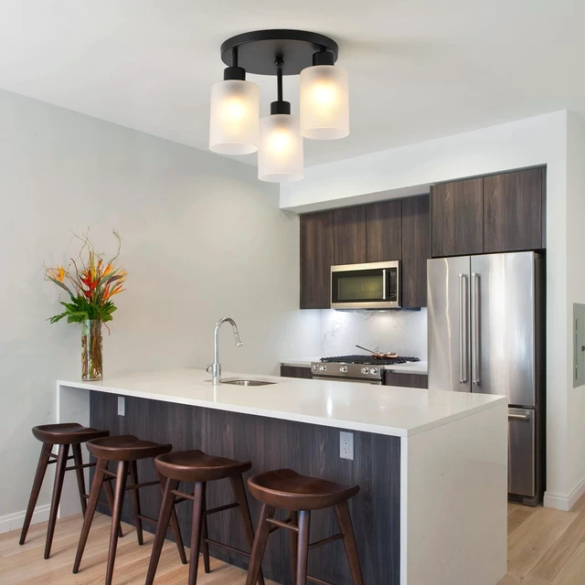 Alt view image 7 of 7 - 3-Light Industrial Farmhouse Black Matte Light Fixtures Ceiling Mount, with Frosted Glass Shades Semi Flush Mount Ceiling Light, for Hallway Fixtures Kitchen, Foyer