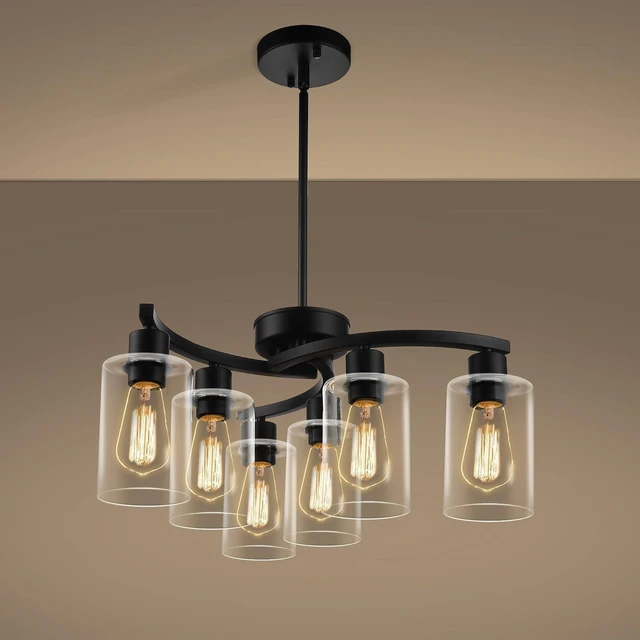 Main image of CNRATYE 6-Light Modern Farmhouse Black Chandelier, Contemporary Dining Room Light Fixture, Adjustable Height Hanging Industrial Pendant Lights Kitchen Island, Clear Glass Shade