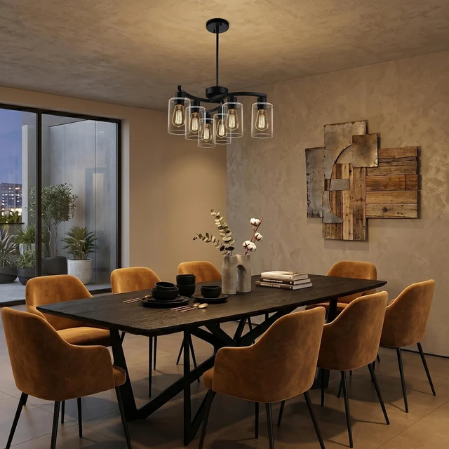 Alt view image 2 of 7 - CNRATYE 6-Light Modern Farmhouse Black Chandelier, Contemporary Dining Room Light Fixture, Adjustable Height Hanging Industrial Pendant Lights Kitchen Island, Clear Glass Shade