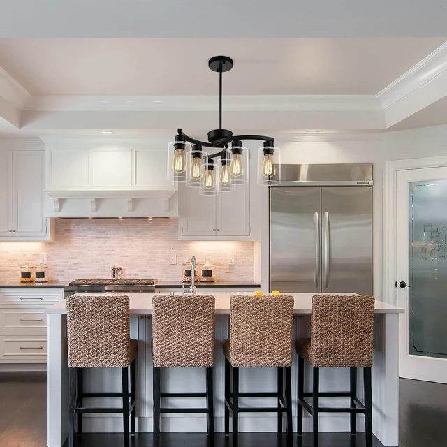 Alt view image 3 of 7 - CNRATYE 6-Light Modern Farmhouse Black Chandelier, Contemporary Dining Room Light Fixture, Adjustable Height Hanging Industrial Pendant Lights Kitchen Island, Clear Glass Shade