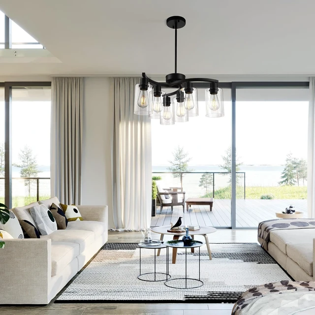 Alt view image 4 of 7 - CNRATYE 6-Light Modern Farmhouse Black Chandelier, Contemporary Dining Room Light Fixture, Adjustable Height Hanging Industrial Pendant Lights Kitchen Island, Clear Glass Shade