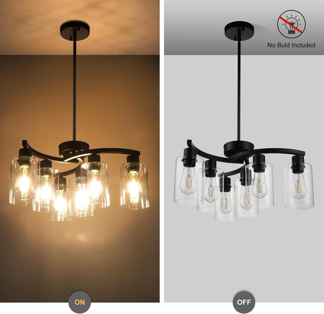 Alt view image 5 of 7 - CNRATYE 6-Light Modern Farmhouse Black Chandelier, Contemporary Dining Room Light Fixture, Adjustable Height Hanging Industrial Pendant Lights Kitchen Island, Clear Glass Shade