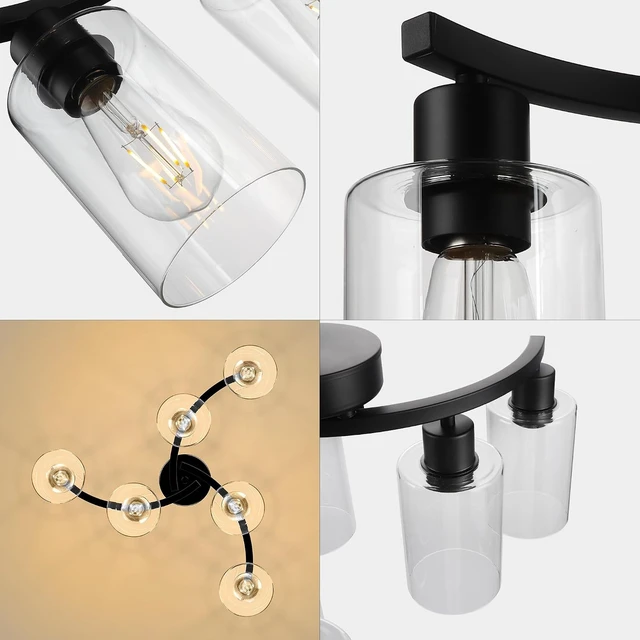 Alt view image 7 of 7 - CNRATYE 6-Light Modern Farmhouse Black Chandelier, Contemporary Dining Room Light Fixture, Adjustable Height Hanging Industrial Pendant Lights Kitchen Island, Clear Glass Shade