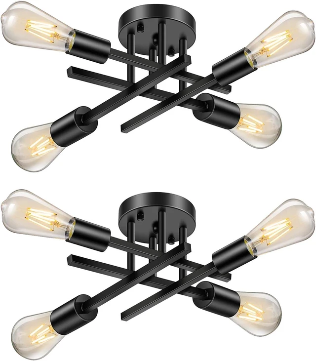 Main image of Lomoky Industrial 4-Light Semi Flush Mount Ceiling Light Fixture, Modern Black Close to Ceiling Light, Farmhouse Chandelier Ceiling Lamp for Hallway Kitchen Bedroom Living Room (2 Pack)