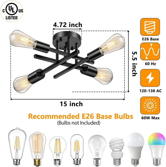 Alt view image 2 of 7 - Lomoky Industrial 4-Light Semi Flush Mount Ceiling Light Fixture, Modern Black Close to Ceiling Light, Farmhouse Chandelier Ceiling Lamp for Hallway Kitchen Bedroom Living Room (2 Pack)