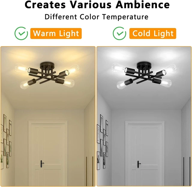 Alt view image 3 of 7 - Lomoky Industrial 4-Light Semi Flush Mount Ceiling Light Fixture, Modern Black Close to Ceiling Light, Farmhouse Chandelier Ceiling Lamp for Hallway Kitchen Bedroom Living Room (2 Pack)