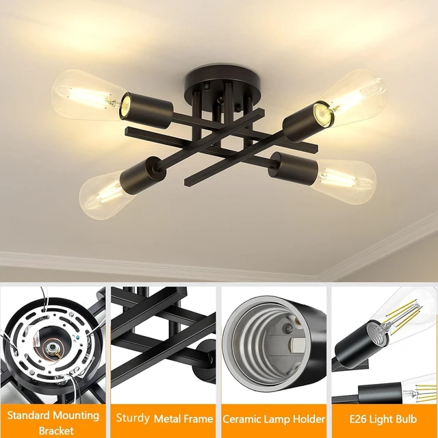 Alt view image 4 of 7 - Lomoky Industrial 4-Light Semi Flush Mount Ceiling Light Fixture, Modern Black Close to Ceiling Light, Farmhouse Chandelier Ceiling Lamp for Hallway Kitchen Bedroom Living Room (2 Pack)