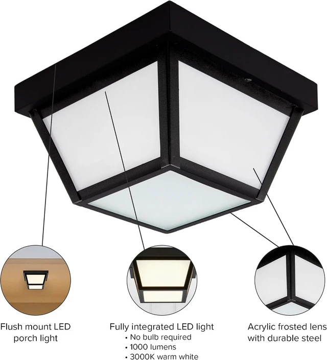 Alt view image 7 of 7 - Maxxima 9" Black LED Outdoor Porch Ceiling Light Fixture, 1000 Lumens 3000K