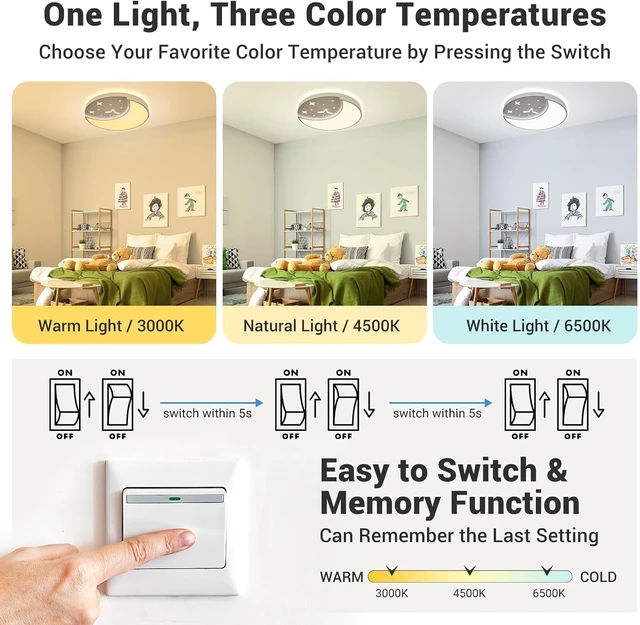 Alt view image 4 of 7 - Flush Mount Ceiling Light, Modern Moon & Star Ceiling Light Fixture, 3 Color Temperature LED Bedroom Lighting for Kids Room, Kitchen, Living Room, Hallway