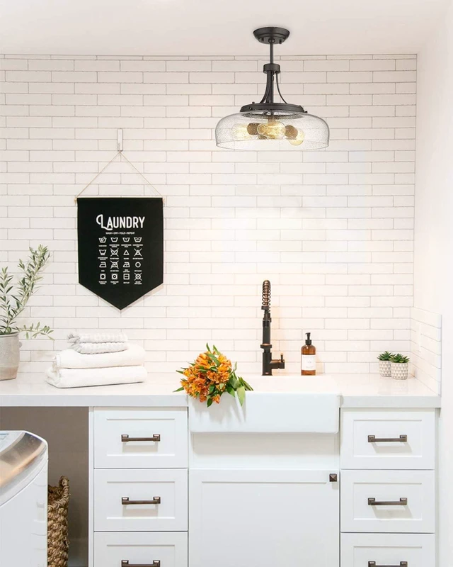 Alt view image 4 of 7 - EAPUDUN Farmhouse Semi Flush Mount Ceiling Light Fixture, 3-Light Industrial Pendant Light in Oil Rubbed Bronze Finish with Clear Seeded Glass Shade, SMA1126-ORB