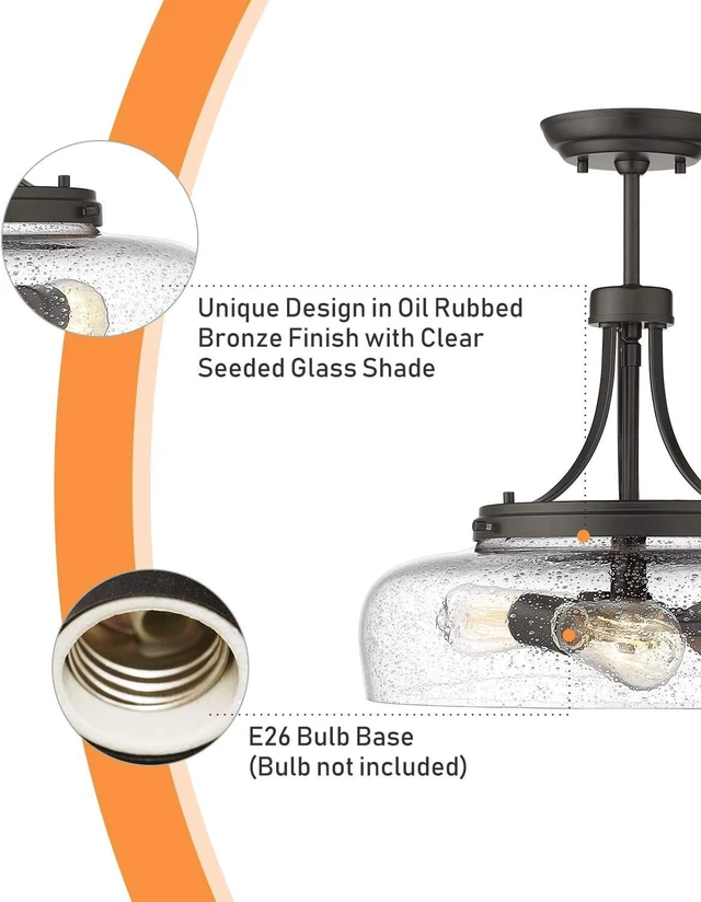 Alt view image 5 of 7 - EAPUDUN Farmhouse Semi Flush Mount Ceiling Light Fixture, 3-Light Industrial Pendant Light in Oil Rubbed Bronze Finish with Clear Seeded Glass Shade, SMA1126-ORB