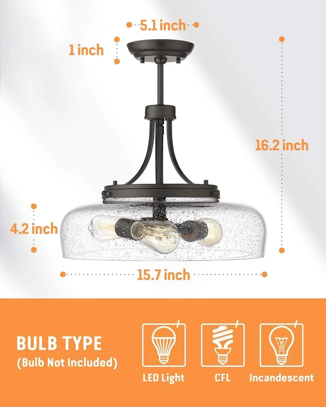 Alt view image 6 of 7 - EAPUDUN Farmhouse Semi Flush Mount Ceiling Light Fixture, 3-Light Industrial Pendant Light in Oil Rubbed Bronze Finish with Clear Seeded Glass Shade, SMA1126-ORB
