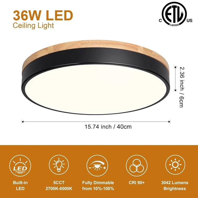 Alt view image 5 of 7 - Modern Dimmable Wood Black Flush Mount Ceiling Light Fixture,5CCT,15.8 in