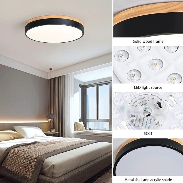 Alt view image 7 of 7 - Modern Dimmable Wood Black Flush Mount Ceiling Light Fixture,5CCT,15.8 in