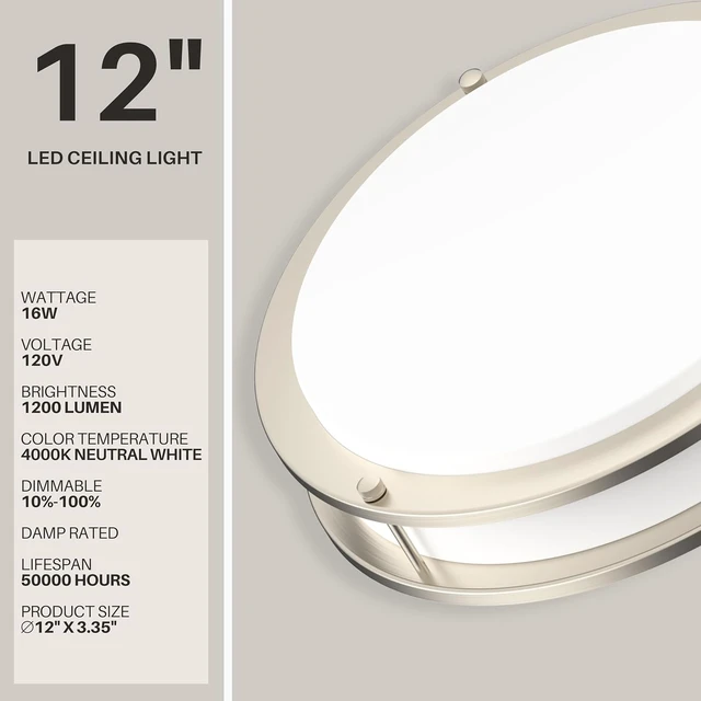 Alt view image 2 of 7 - DYMOND LED Ceiling Light Fixture Flush Mount 4000K Natural Daylight Dimmable Surface Mount Brushed Nickel Ceiling Lamp for Kitchen, Hallway, Bathroom, Bedroom, Closet (12 Inch)