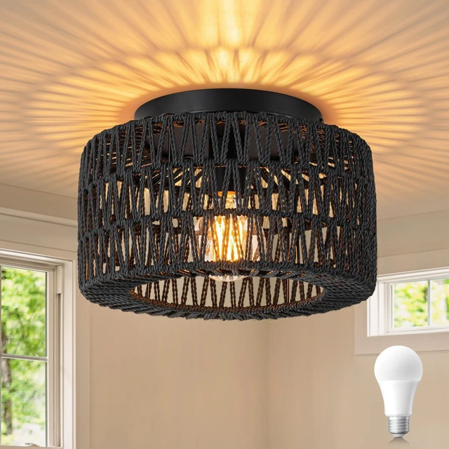 Main image of SineRise Rattan Ceiling Light Fixtures (12-Inch, LED Bulb Included), Hand-Woven Boho Flush Mount Ceiling Light, Rattan Chandelier for Hallway Kitchen Farmhouse Foyer Entryway Living Room(Black)