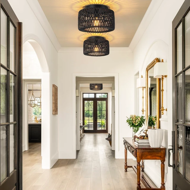 Alt view image 2 of 7 - SineRise Rattan Ceiling Light Fixtures (12-Inch, LED Bulb Included), Hand-Woven Boho Flush Mount Ceiling Light, Rattan Chandelier for Hallway Kitchen Farmhouse Foyer Entryway Living Room(Black)