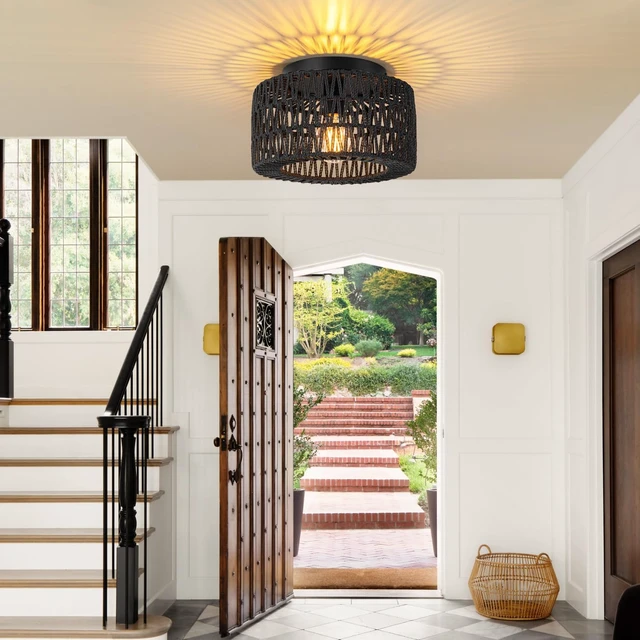 Alt view image 3 of 7 - SineRise Rattan Ceiling Light Fixtures (12-Inch, LED Bulb Included), Hand-Woven Boho Flush Mount Ceiling Light, Rattan Chandelier for Hallway Kitchen Farmhouse Foyer Entryway Living Room(Black)