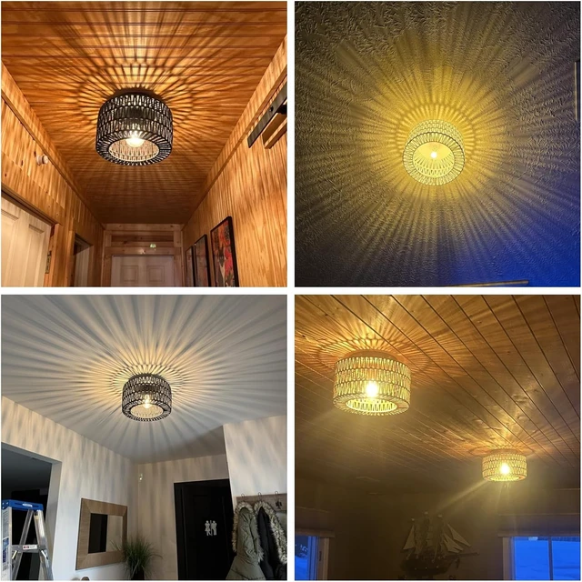 Alt view image 5 of 7 - SineRise Rattan Ceiling Light Fixtures (12-Inch, LED Bulb Included), Hand-Woven Boho Flush Mount Ceiling Light, Rattan Chandelier for Hallway Kitchen Farmhouse Foyer Entryway Living Room(Black)