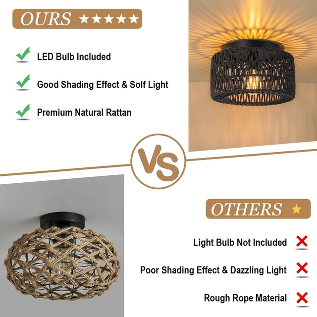 Alt view image 6 of 7 - SineRise Rattan Ceiling Light Fixtures (12-Inch, LED Bulb Included), Hand-Woven Boho Flush Mount Ceiling Light, Rattan Chandelier for Hallway Kitchen Farmhouse Foyer Entryway Living Room(Black)