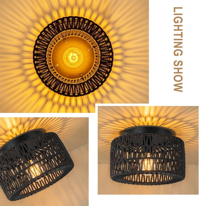 Alt view image 4 of 7 - SineRise Rattan Ceiling Light Fixtures (12-Inch, LED Bulb Included), Hand-Woven Boho Flush Mount Ceiling Light, Rattan Chandelier for Hallway Kitchen Farmhouse Foyer Entryway Living Room(Black)