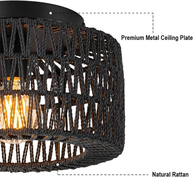 Alt view image 7 of 7 - SineRise Rattan Ceiling Light Fixtures (12-Inch, LED Bulb Included), Hand-Woven Boho Flush Mount Ceiling Light, Rattan Chandelier for Hallway Kitchen Farmhouse Foyer Entryway Living Room(Black)