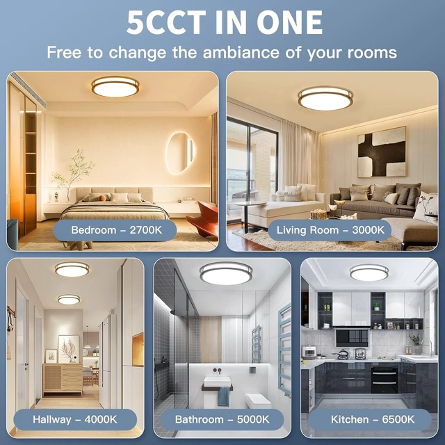 Alt view image 2 of 7 - 36W 12Inch LED Ceiling Light Fixtures, Flush Mount Light Fixtures, 5CCT 2700K 3000K 4000K 5000K 6500K, Close to Ceiling Light for Kitchen Bathroom Kitchen Bedroom, Super Bright 3800LM, Nickel, 2 Packs