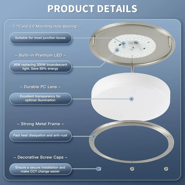 Alt view image 5 of 7 - 36W 12Inch LED Ceiling Light Fixtures, Flush Mount Light Fixtures, 5CCT 2700K 3000K 4000K 5000K 6500K, Close to Ceiling Light for Kitchen Bathroom Kitchen Bedroom, Super Bright 3800LM, Nickel, 2 Packs