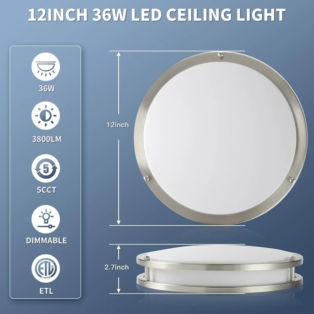 Alt view image 7 of 7 - 36W 12Inch LED Ceiling Light Fixtures, Flush Mount Light Fixtures, 5CCT 2700K 3000K 4000K 5000K 6500K, Close to Ceiling Light for Kitchen Bathroom Kitchen Bedroom, Super Bright 3800LM, Nickel, 2 Packs