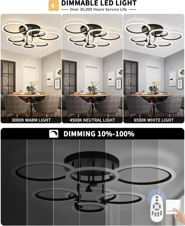 Alt view image 3 of 7 - Modern LED Ceiling Light 7 Rings Dimmable Fixtures with Remote Black Close to Ceiling Light 31.8" 130W 3000K-6500K Flush Mount Ceiling Lamp for Living Room,Bedroom,Kitchen