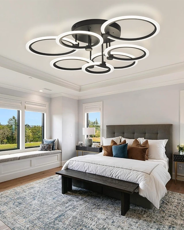 Alt view image 2 of 7 - Modern LED Ceiling Light 7 Rings Dimmable Fixtures with Remote Black Close to Ceiling Light 31.8" 130W 3000K-6500K Flush Mount Ceiling Lamp for Living Room,Bedroom,Kitchen