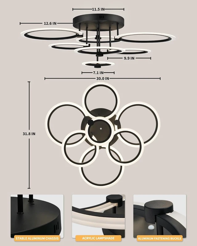 Alt view image 6 of 7 - Modern LED Ceiling Light 7 Rings Dimmable Fixtures with Remote Black Close to Ceiling Light 31.8" 130W 3000K-6500K Flush Mount Ceiling Lamp for Living Room,Bedroom,Kitchen