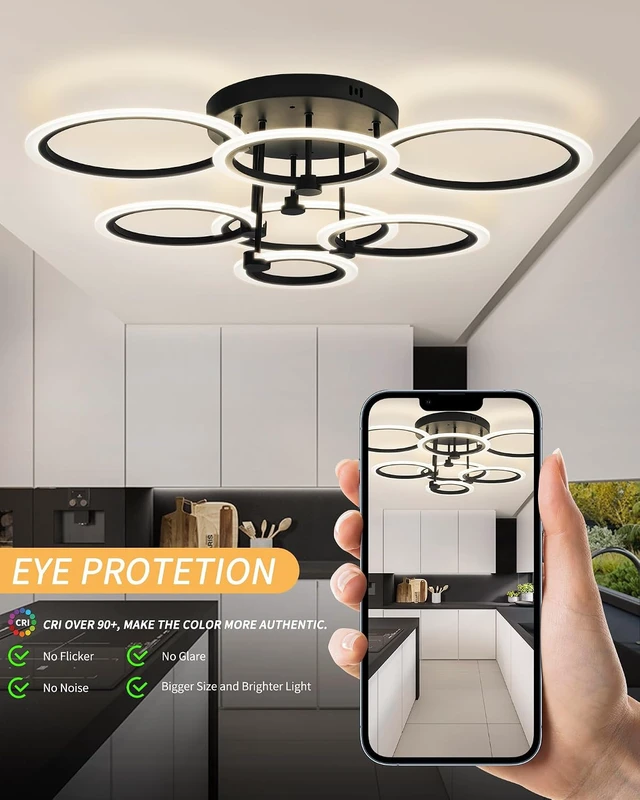 Alt view image 7 of 7 - Modern LED Ceiling Light 7 Rings Dimmable Fixtures with Remote Black Close to Ceiling Light 31.8" 130W 3000K-6500K Flush Mount Ceiling Lamp for Living Room,Bedroom,Kitchen