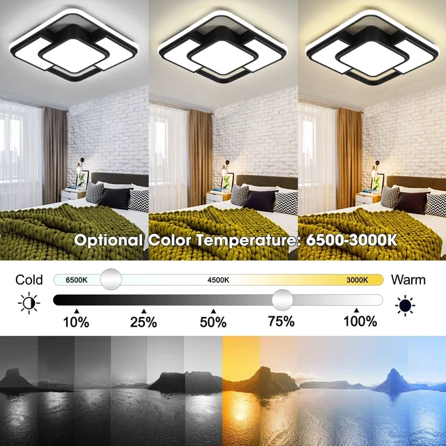 Alt view image 3 of 7 - 62W Dimmable LED Flush Mount Ceiling Light Fixture with Remote Control, 3000K-6500K 3-Color Chandelier Modern Lamp Black, 15.74inch Close to Ceiling Dining Room Bedroom Square Kitchen Lights