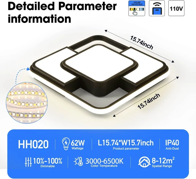 Alt view image 5 of 7 - 62W Dimmable LED Flush Mount Ceiling Light Fixture with Remote Control, 3000K-6500K 3-Color Chandelier Modern Lamp Black, 15.74inch Close to Ceiling Dining Room Bedroom Square Kitchen Lights