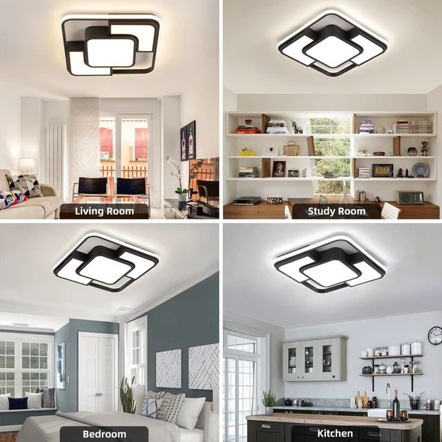 Alt view image 6 of 7 - 62W Dimmable LED Flush Mount Ceiling Light Fixture with Remote Control, 3000K-6500K 3-Color Chandelier Modern Lamp Black, 15.74inch Close to Ceiling Dining Room Bedroom Square Kitchen Lights