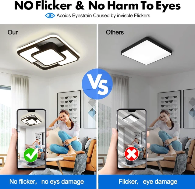 Alt view image 7 of 7 - 62W Dimmable LED Flush Mount Ceiling Light Fixture with Remote Control, 3000K-6500K 3-Color Chandelier Modern Lamp Black, 15.74inch Close to Ceiling Dining Room Bedroom Square Kitchen Lights