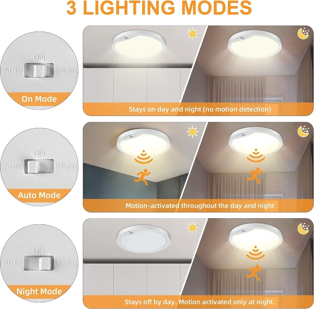 Alt view image 3 of 7 - 2-Pack 20W Motion Sensor Ceiling Lights Hard-Wired, 9Inch Indoor Motion Activated LED Ceiling Light Fixtures with 3 Modes, 4000K Flush Mount Lights for Closet Stairwell Hallway, NOT Battery Operated