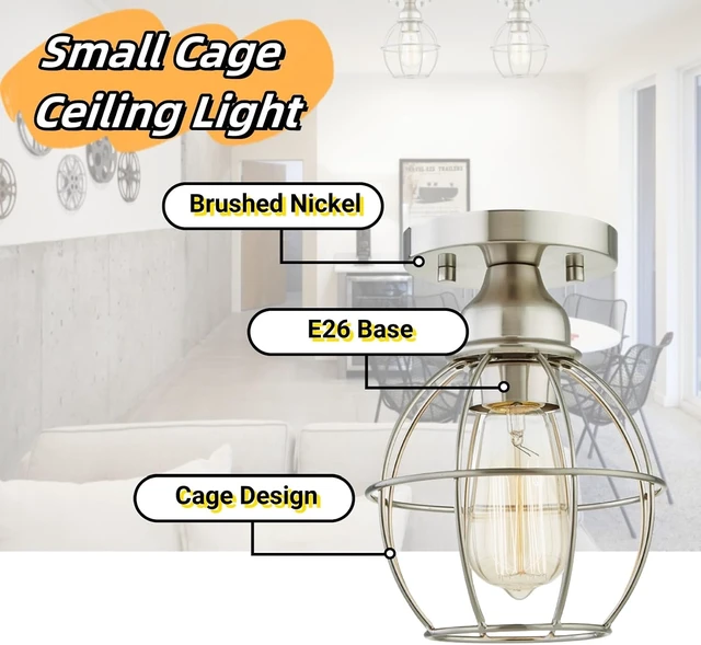 Alt view image 2 of 7 - WISBEAM Brushed Nickel Semi Flush Mount Ceiling Light Fixture, Small Cage Ceiling Light E26 Medium Base MAX 60W, Metal Housing, ETL Rated, Bulbs NOT Included, 1-Pack