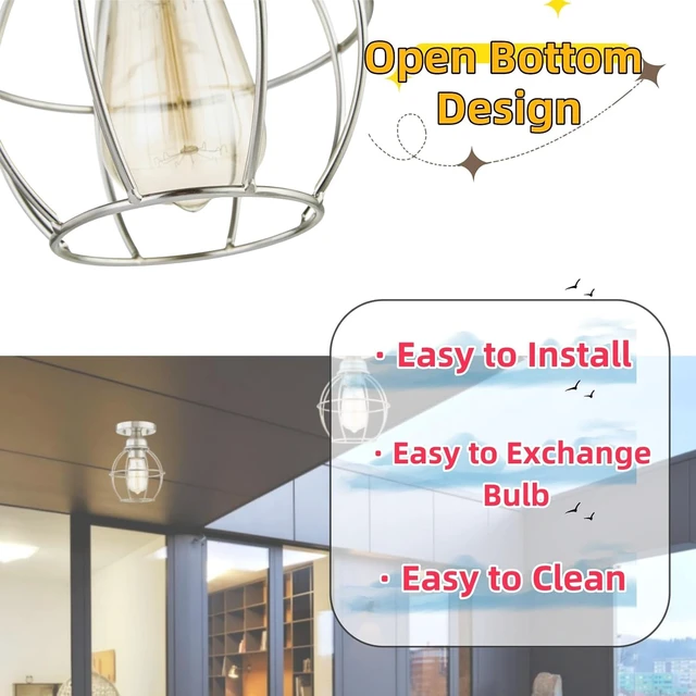 Alt view image 3 of 7 - WISBEAM Brushed Nickel Semi Flush Mount Ceiling Light Fixture, Small Cage Ceiling Light E26 Medium Base MAX 60W, Metal Housing, ETL Rated, Bulbs NOT Included, 1-Pack