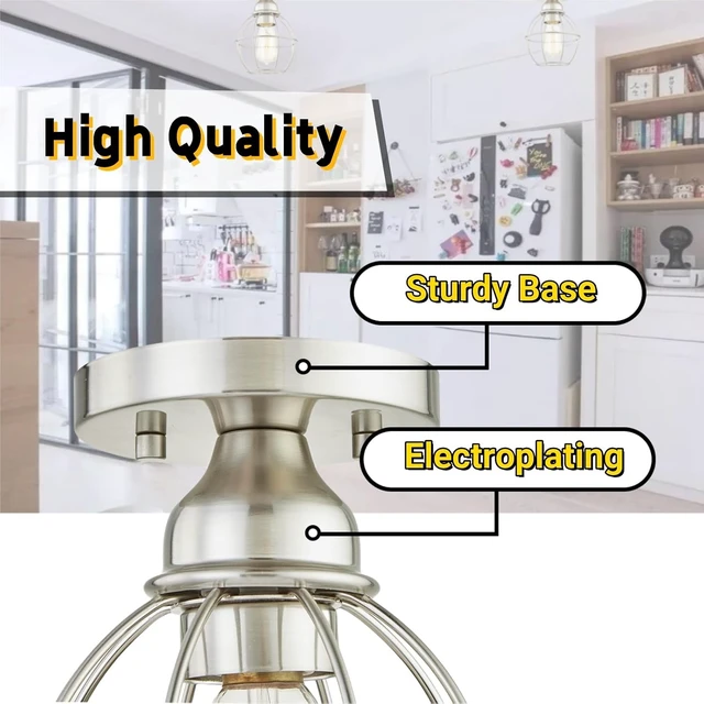 Alt view image 4 of 7 - WISBEAM Brushed Nickel Semi Flush Mount Ceiling Light Fixture, Small Cage Ceiling Light E26 Medium Base MAX 60W, Metal Housing, ETL Rated, Bulbs NOT Included, 1-Pack